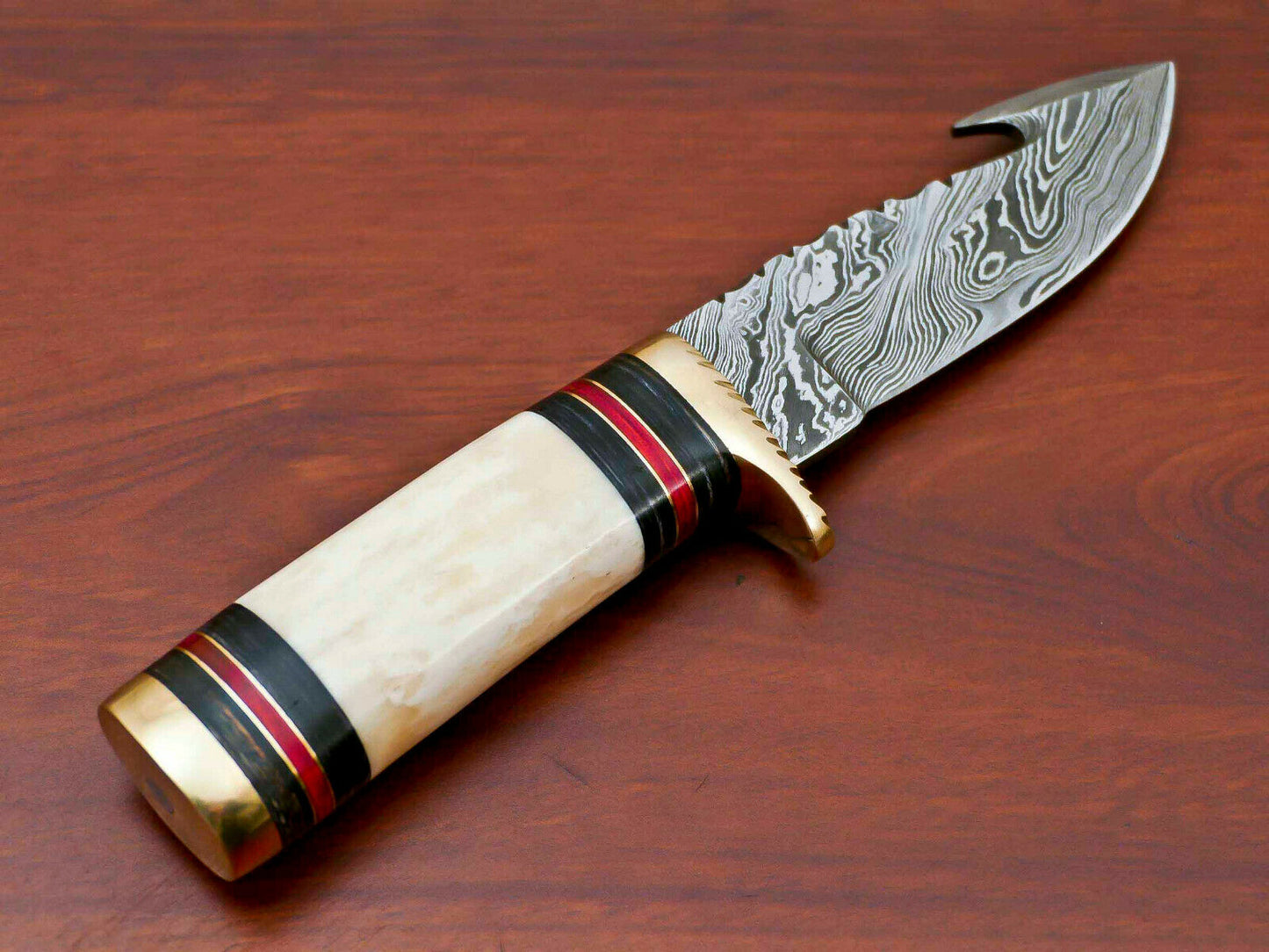 HS-509  Custom Handmade Damascus Skinner/Hunting Knife With Camel Bone & Hard Wood Handle