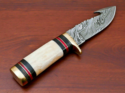 HS-509  Custom Handmade Damascus Skinner/Hunting Knife With Camel Bone & Hard Wood Handle
