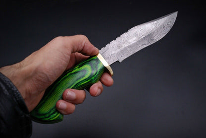 HS-443 | Ten Inch Custom Handmade Damascus Steel Hunting knife - Green Wood Handle