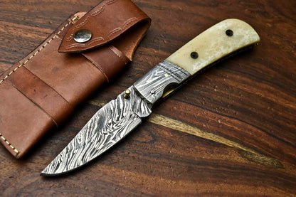 HS-1140 Custom Handmade Damascus Steel Blade Liner-Lock Pocket Folding Knife| CAMEL BONE