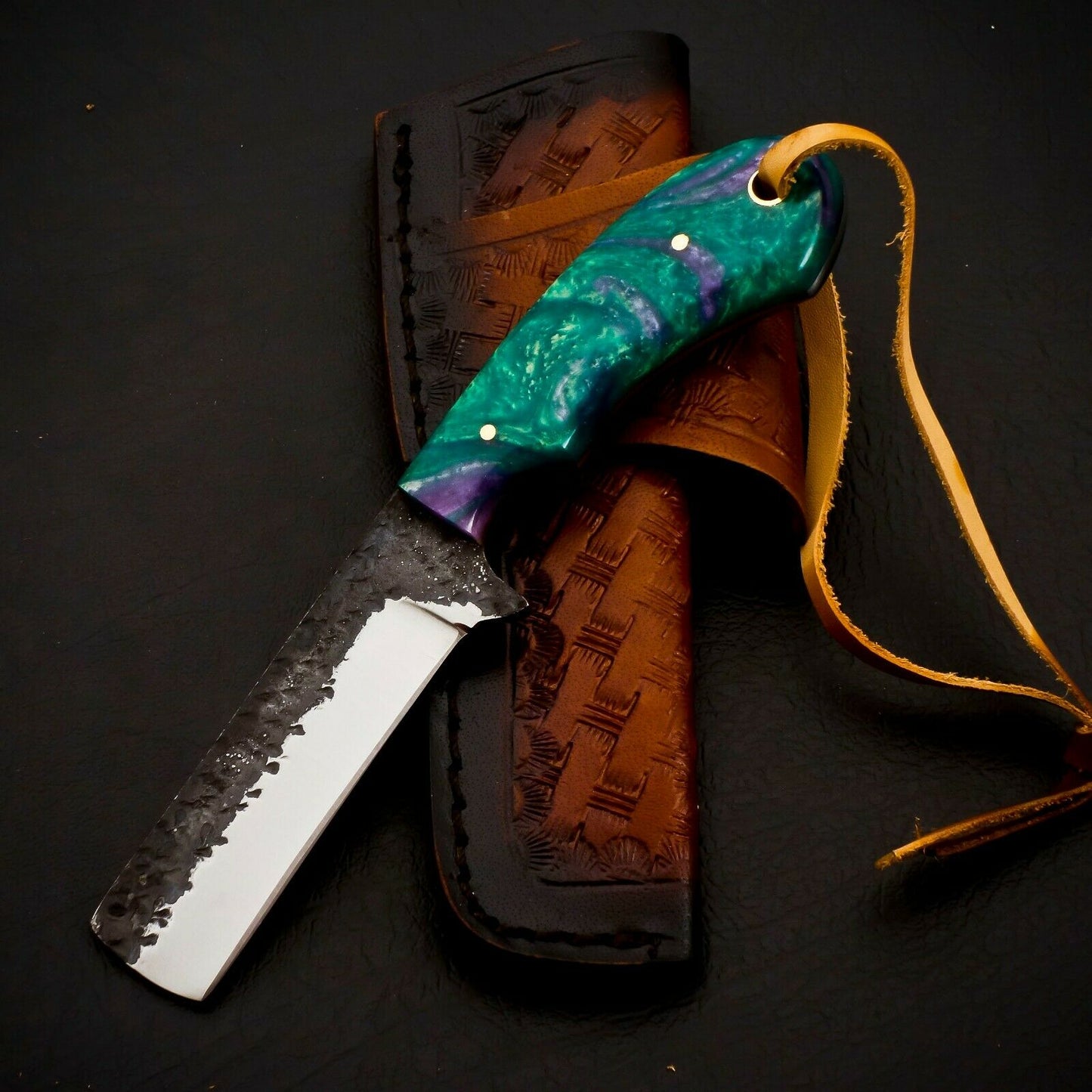 HS-956 Carbon Steel Cowboy Bull Cutter Knife – 7.5 Inch, Resin Handle, Leather Sheath