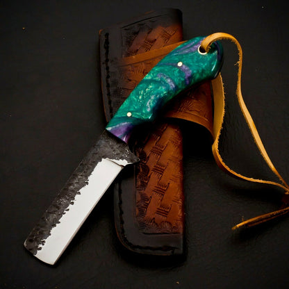 HS-956 Carbon Steel Cowboy Bull Cutter Knife – 7.5 Inch, Resin Handle, Leather Sheath