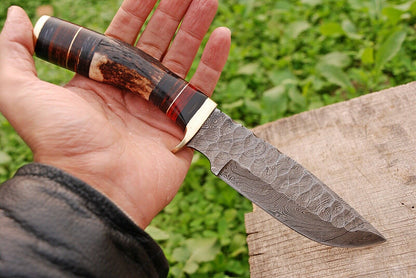 HS-440 | Custom Handmade Damascus Steel Hunting Fix knife - Stag Horn Handle