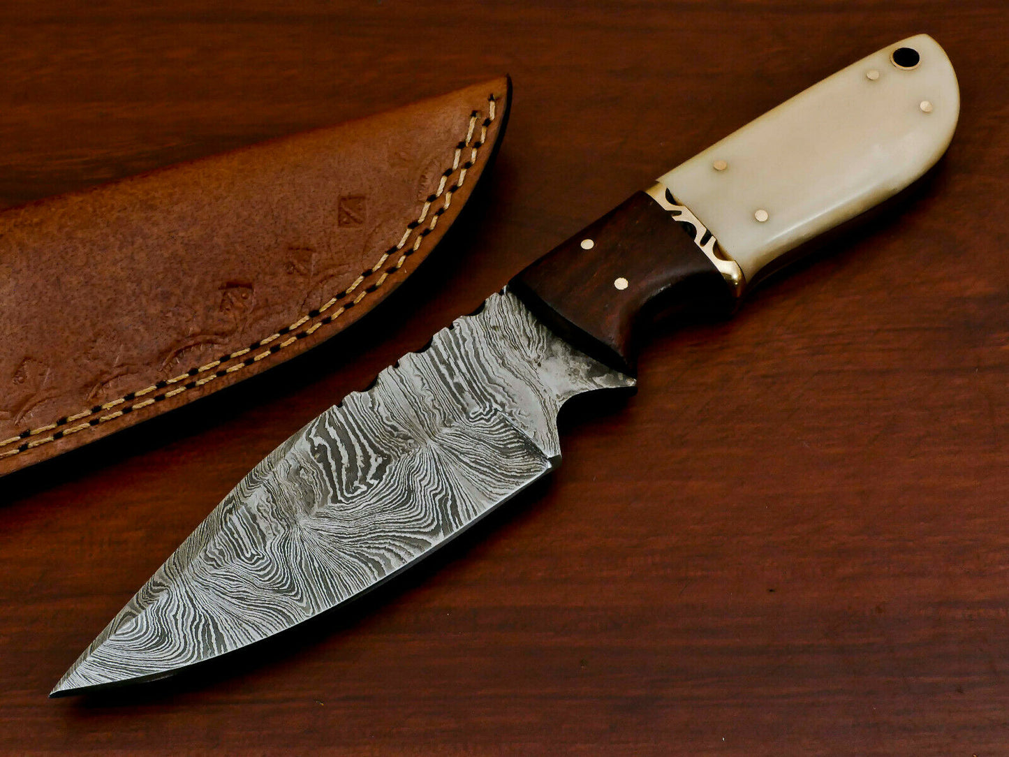 HS-569 HANDMADE DAMASCUS CUSTOM ROSE WOOD/BONE HANDLE SKINNING CAMPING KNIFE