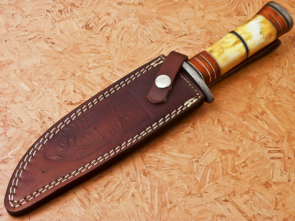 Custom Handmade Damascus Hunting Knife With Bone Handle