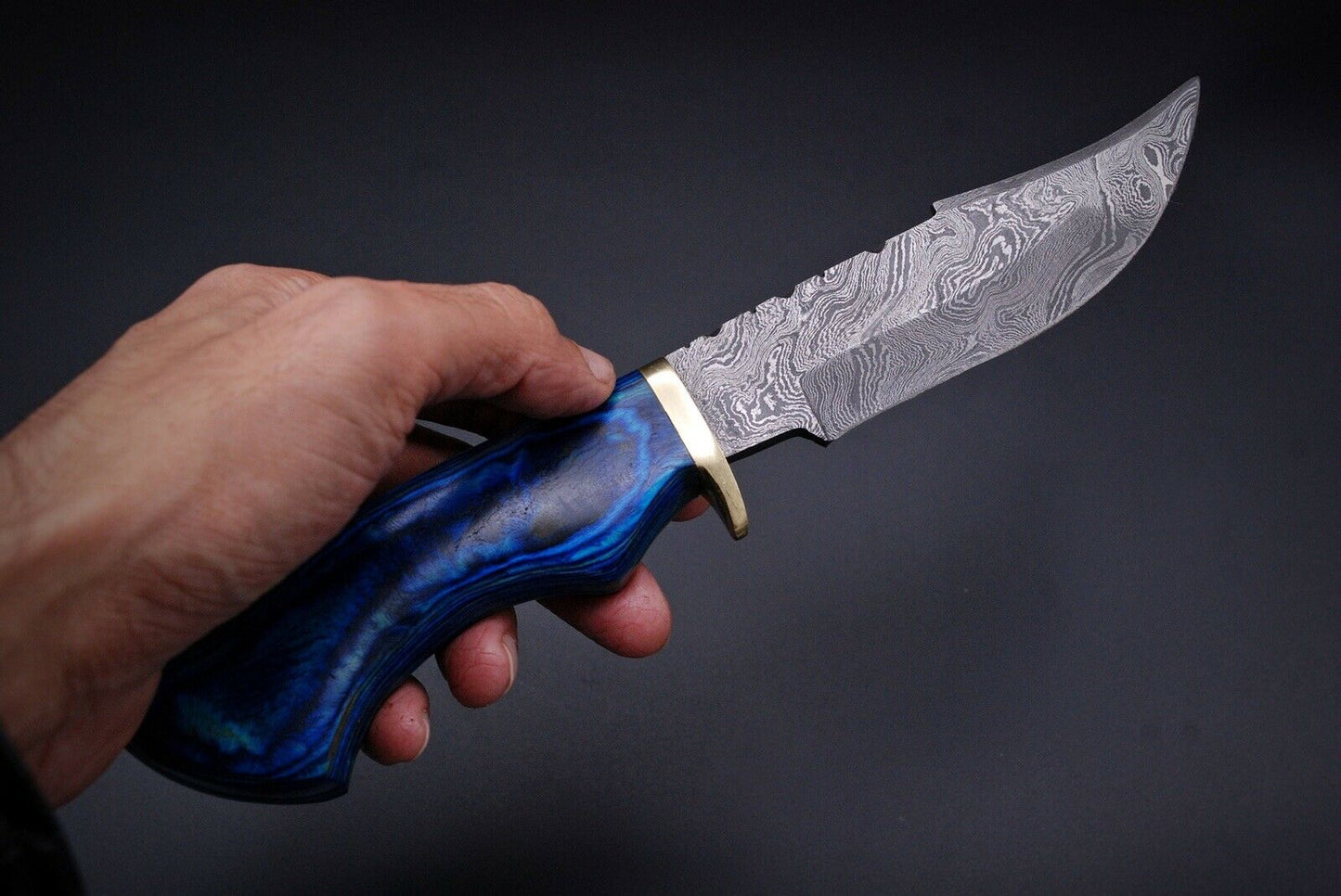 HS-445 | Ten Inch Custom Handmade Damascus Steel Hunting knife - Blue Wood Handle