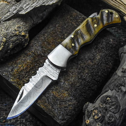 HS-1116 "  CUSTOM HANDMADE DAMASCUS STEEL BLADE FOLDING KNIFE RAM HORN