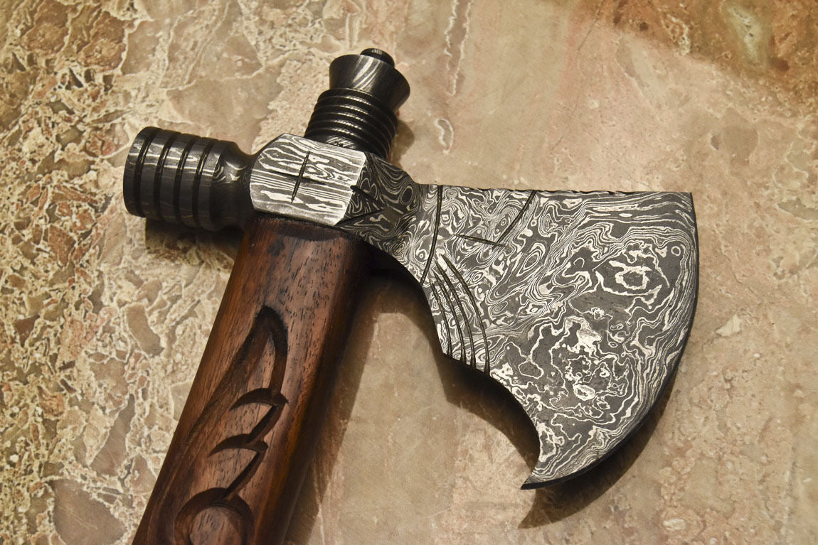 HS-1082 | Custom Handmade Damascus Smoking Tomahawk knife, Hatchet, Axe,Integral Natural Wood