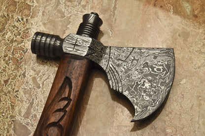 HS-1082 | Custom Handmade Damascus Smoking Tomahawk knife, Hatchet, Axe,Integral Natural Wood