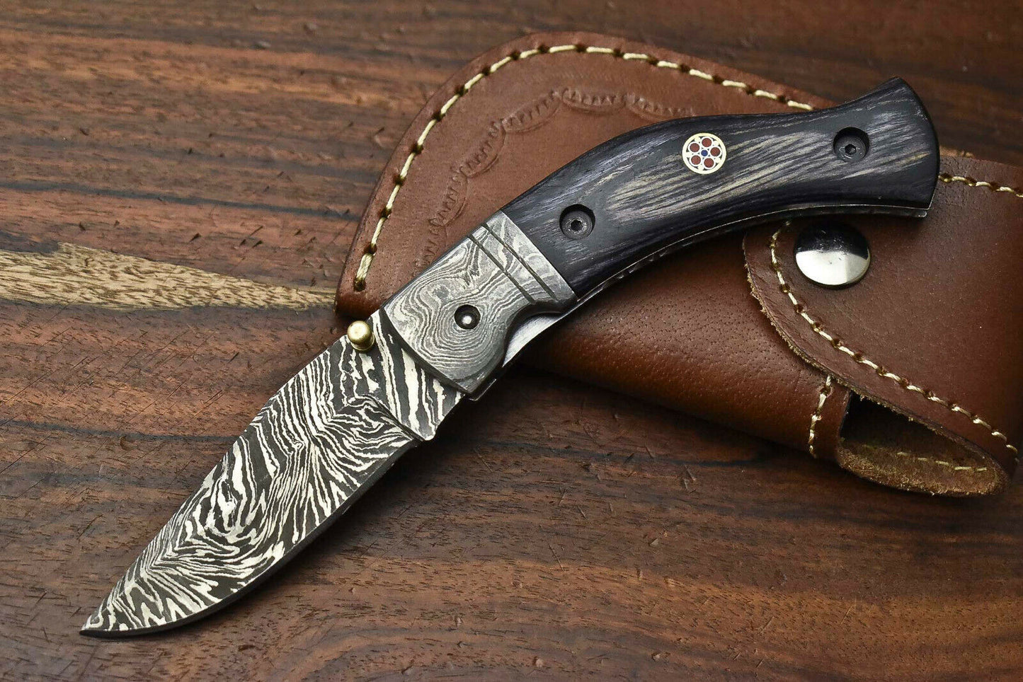 HS-1134 Custom Handmade Damascus Steel Blade Liner-Lock Pocket Folding Knife| HARD WOOD