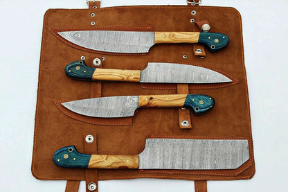 Complete Damascus kitchen knife set showing multiple sizes and professional chef knives collection