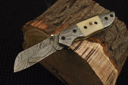Custom Handmade Damascus Folding/Pocket Knife With Bone Handle