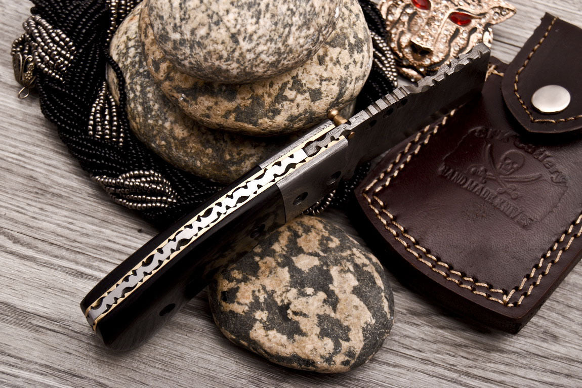 Custom Handmade Damascus Folding-Pocket Knife With Black Micarta Handle
