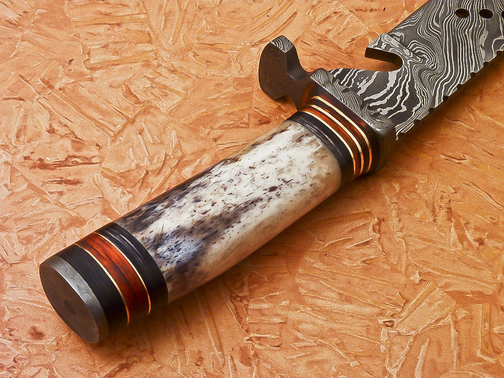 Custom Handmade Damascus Hunting Knife With Camel Bone Handle