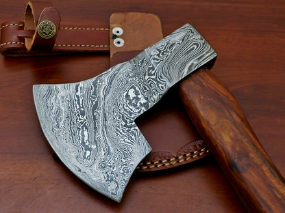 HS-1071 | Custom Handmade Damascus Hand Forged Tomahawk knife, Hatchet, Axe, Integral With Natural Wood