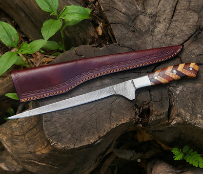 13" Damascus Steel Fillet Knife – Wood Handle | Best Fishing Knife | HS-1043