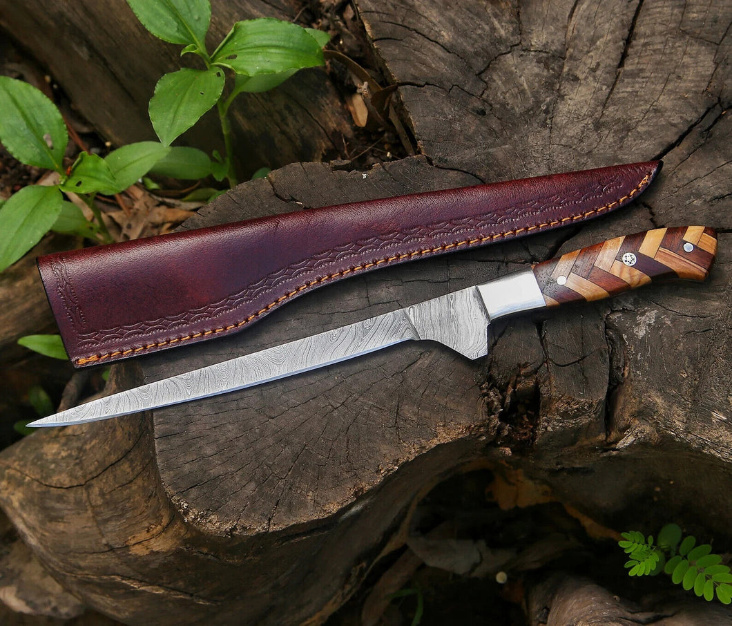 HS-1043 13'' Fillet Custom Handmade Damascus Steel Blade Fillet knife Wood Handle Best Fishing Knife