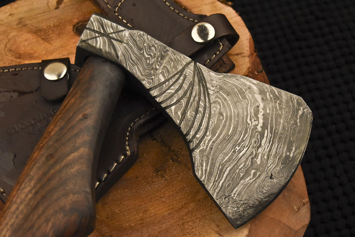 HS-1081 | Custom Handmade Damascus Hand Forged Tomahawk knife, Hatchet, Axe,Integral Natural Wood
