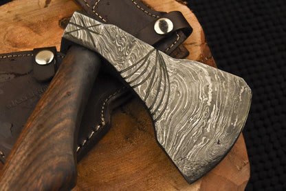 HS-1081 | Custom Handmade Damascus Hand Forged Tomahawk knife, Hatchet, Axe,Integral Natural Wood