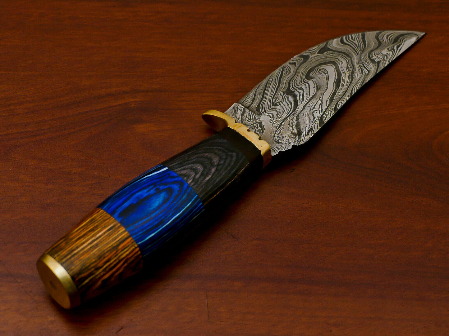 HS-811 Custom Handmade Damascus Skinner Knife With Three Shade Colour  Hard Wood Handle