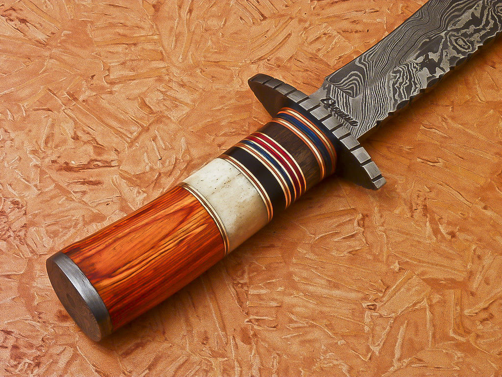 HS-349 | Custom Handmade Damascus Hunting /Bowie Knife With Hard Wood & Bone Handle