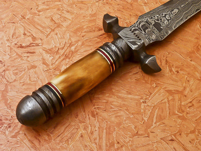 HS-869 Custom Handmade Damascus Dagger Knife With Colored Camel Bone Handle