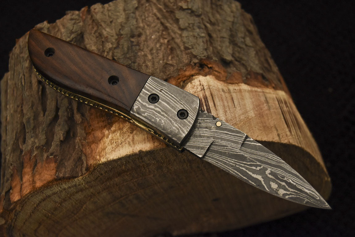 Custom Handmade Damascus Folding/Pocket Knife Liner Lock With Wood Handle
