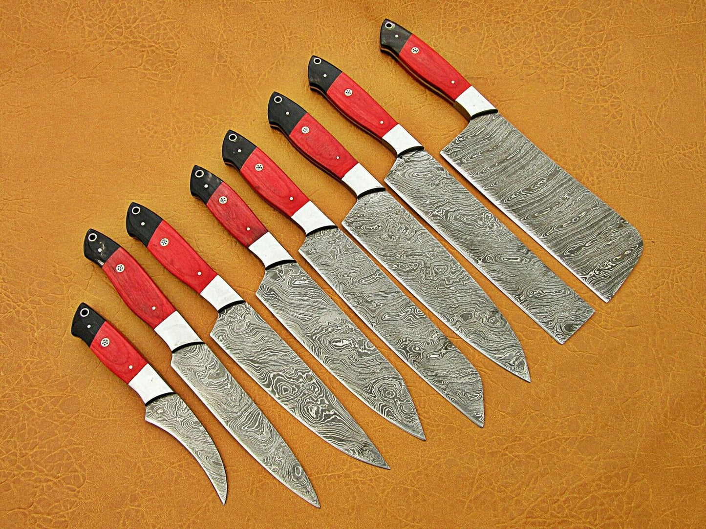 HS-224 Custom Handmade Damascus Kitchen-Chef Knives Set Lot Of 8 Pecs With Bone Handle