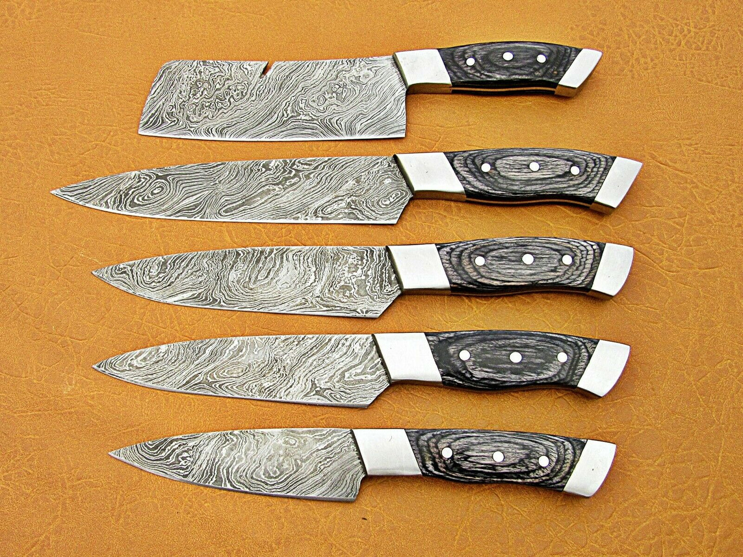 HS-223 Custom Handmade Damascus Kitchen-Chef Knives Set Lot Of Five Pecs With Black Sheet Handle