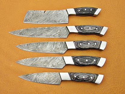 HS-223 Custom Handmade Damascus Kitchen-Chef Knives Set Lot Of Five Pecs With Black Sheet Handle