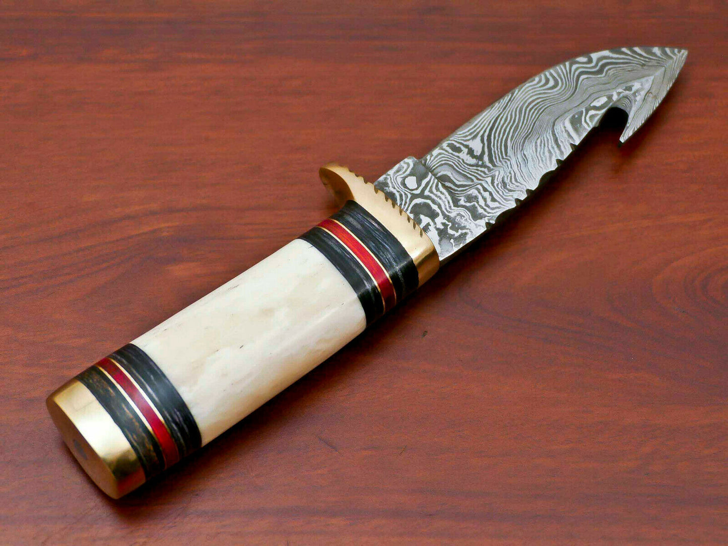 HS-509  Custom Handmade Damascus Skinner/Hunting Knife With Camel Bone & Hard Wood Handle