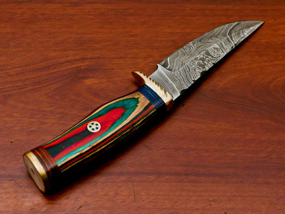 HS-508 Custom Handmade Damascus Hunting/Skinner Knife With Three Shade Colour Hard Wood Handle