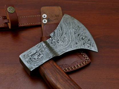 HS-1068 | Custom Handmade Damascus Hand Forged Tomahawk knife, Hatchet, Axe, Integral With Natural Wood