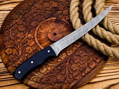Damascus Full Tang Hunting Fillet Knife with Leather Sheath – HS-1041