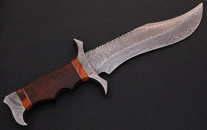 HS-345 | Custom Handmade Damascus Hunting/Bowie Knife 13 Inch With Wood Handle