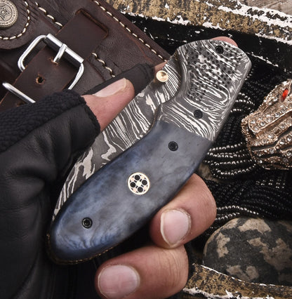 Custom Handmade Damascus Folding-Pocket Knife With Colored Bone Handle