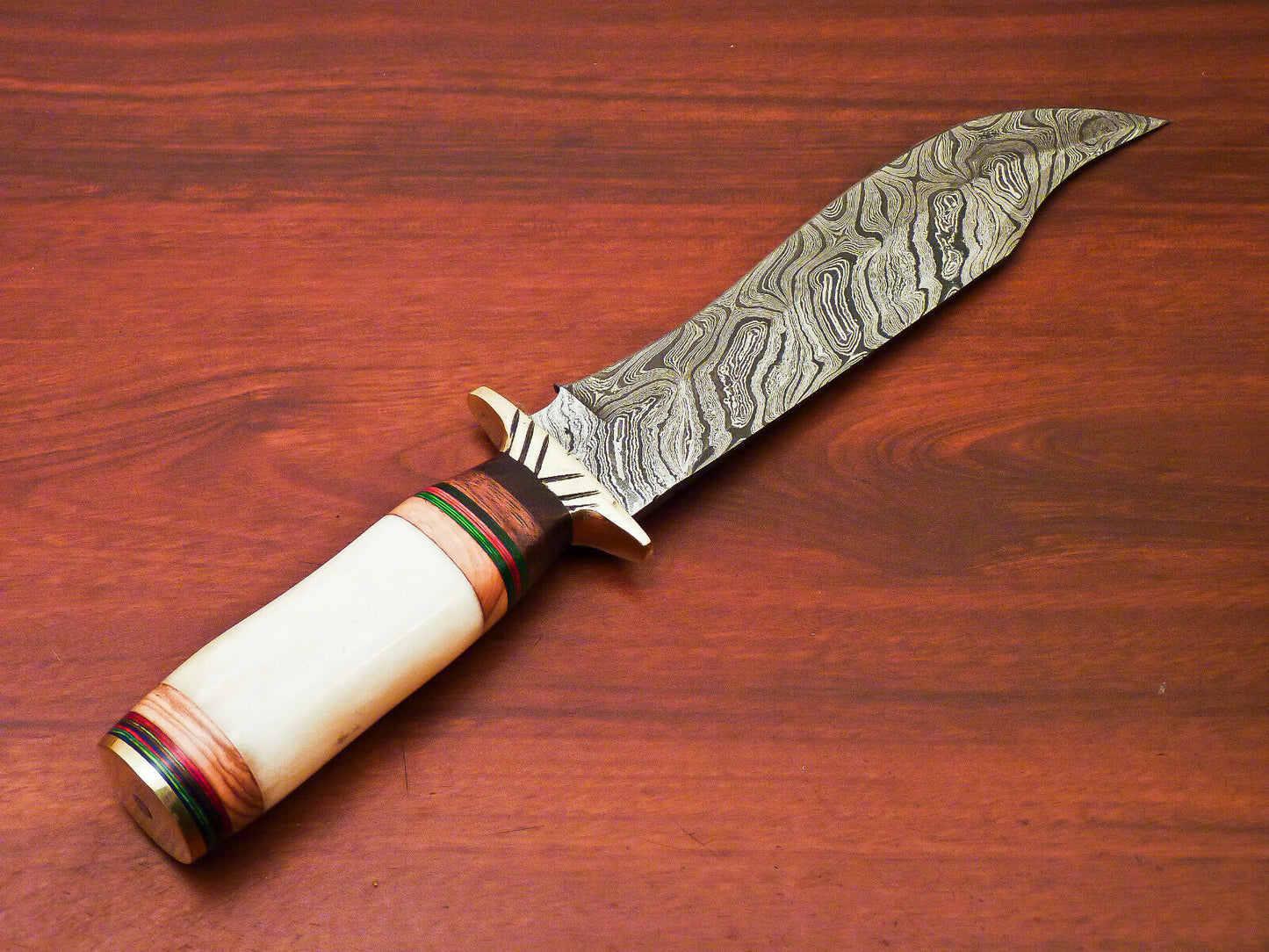 HS-515 Custom Handmade Damascus Bowie/Hunting Knife With Bone & Wood Handle