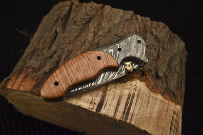 Custom Handmade Damascus Folding/Pocket Knife With Wood Handle