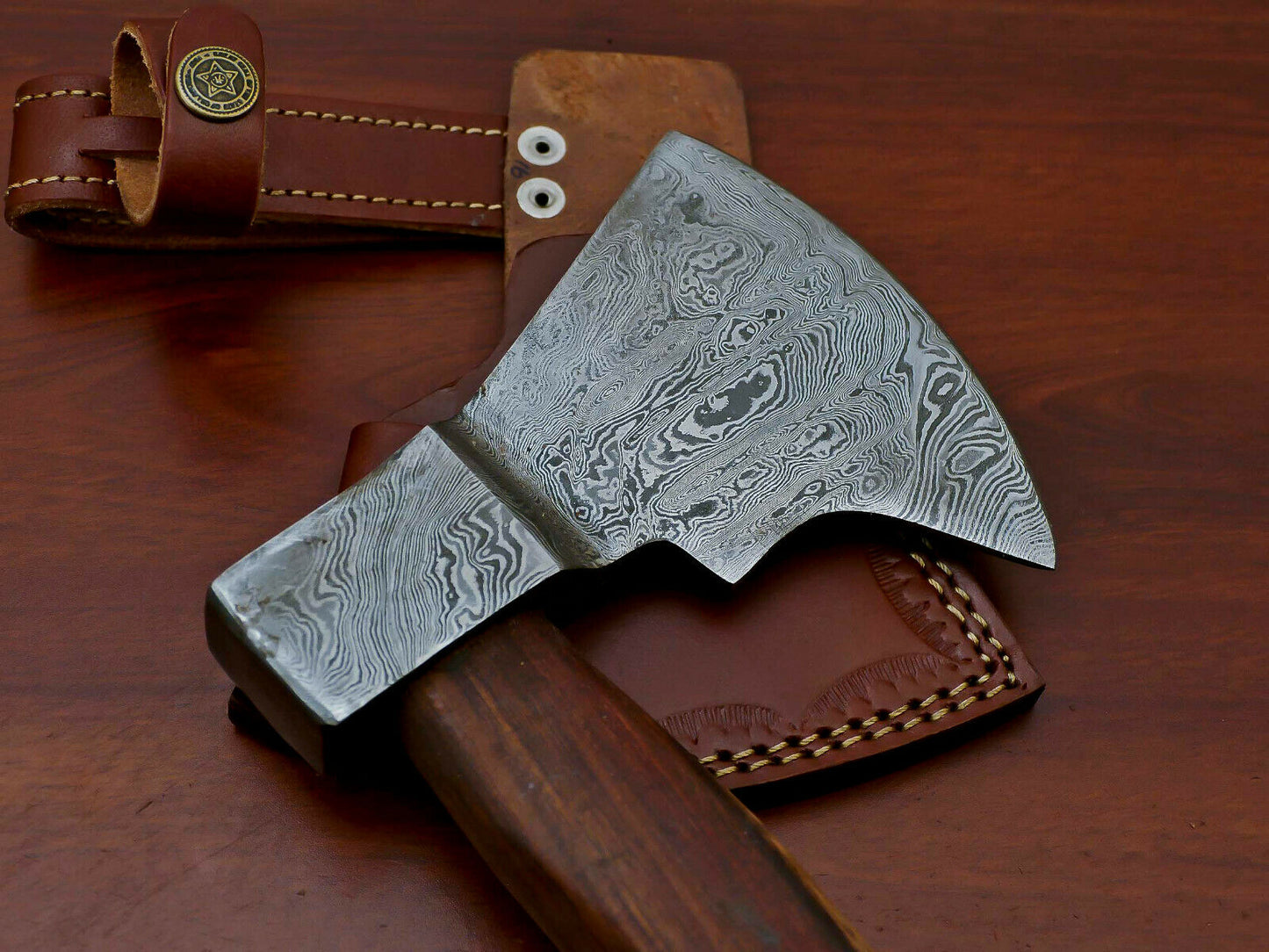 HS-1065 | Custom Handmade Damascus Hand Forged Tomahawk knife, Hatchet, Axe, Integral With Natural Wood