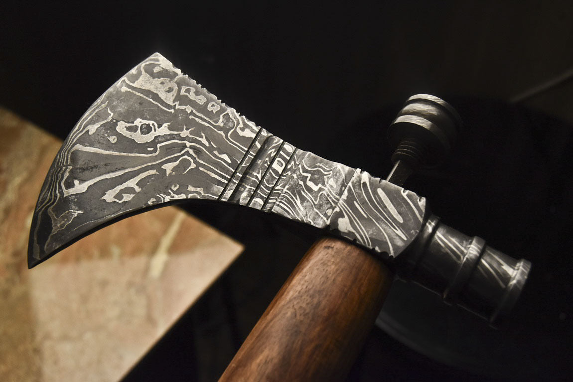 HS-1084 | Custom Handmade Damascus Tomahawk knife, Hatchet, Axe,Integral Natural Wood