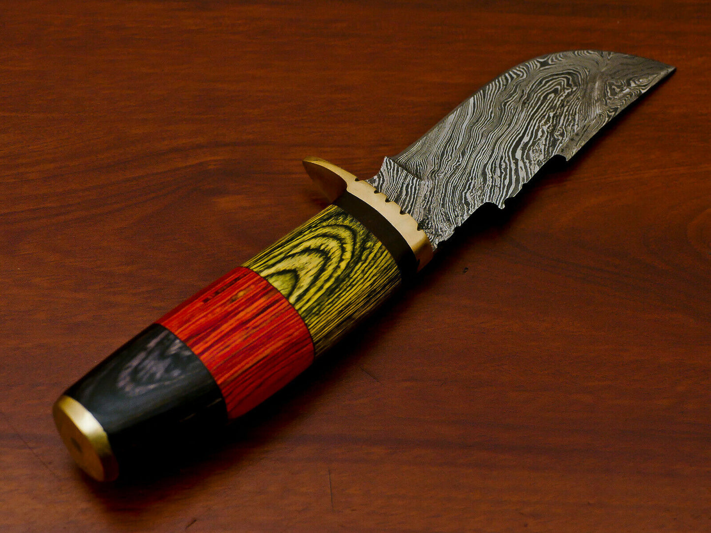 HS-812 Custom Handmade Damascus Skinner Knife With Three Colour  Hard Wood Handle