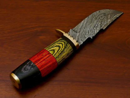 HS-812 Custom Handmade Damascus Skinner Knife With Three Colour  Hard Wood Handle