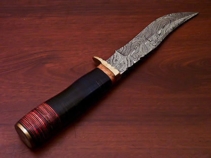 HS-516 Custom Handmade Damascus Hunting Knife With Black Hard Wood & Leather Handle