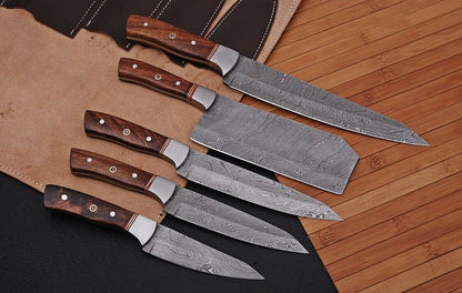 HS-201 Custom Handmade Damascus Kitchen-Chef Knives Set Lot Of Five Pecs With Wood Handle