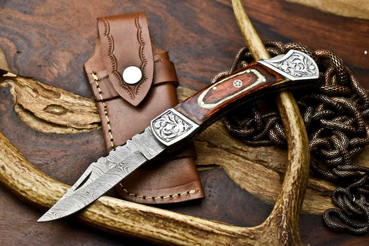 Custom Handmade Damascus Steel Pocket Folding Knife - Beautiful Hard Wood Handle