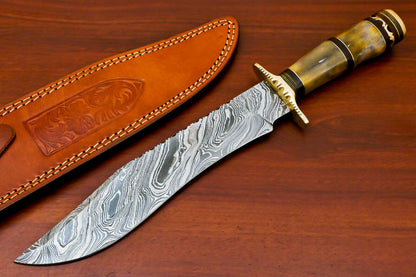 HS-489 Custom Handmade Damascus Bowie-Hunting Knife With Camel Bone Handle