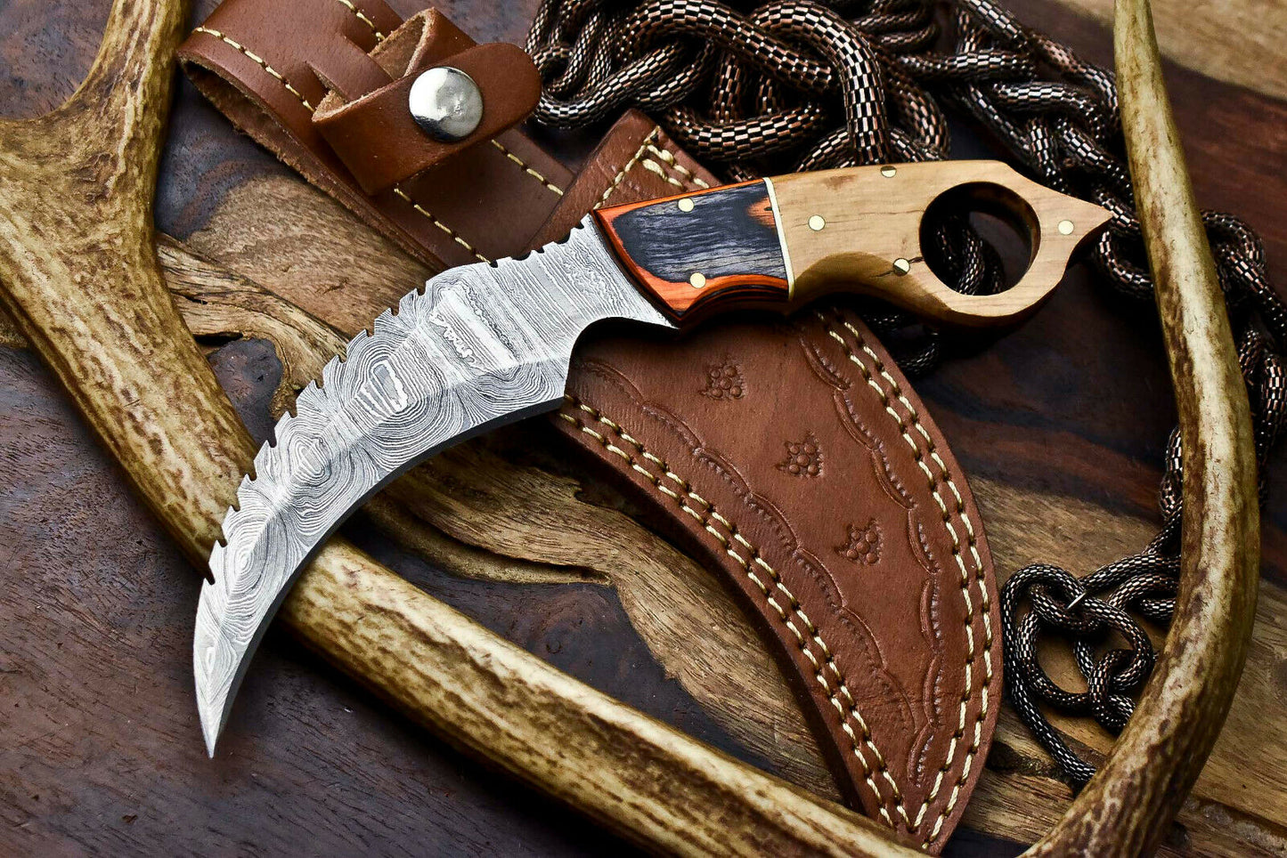 HS-907 Custom Handmade Damascus Steel Karambit Knife - Beautiful Micarta Wood Handle