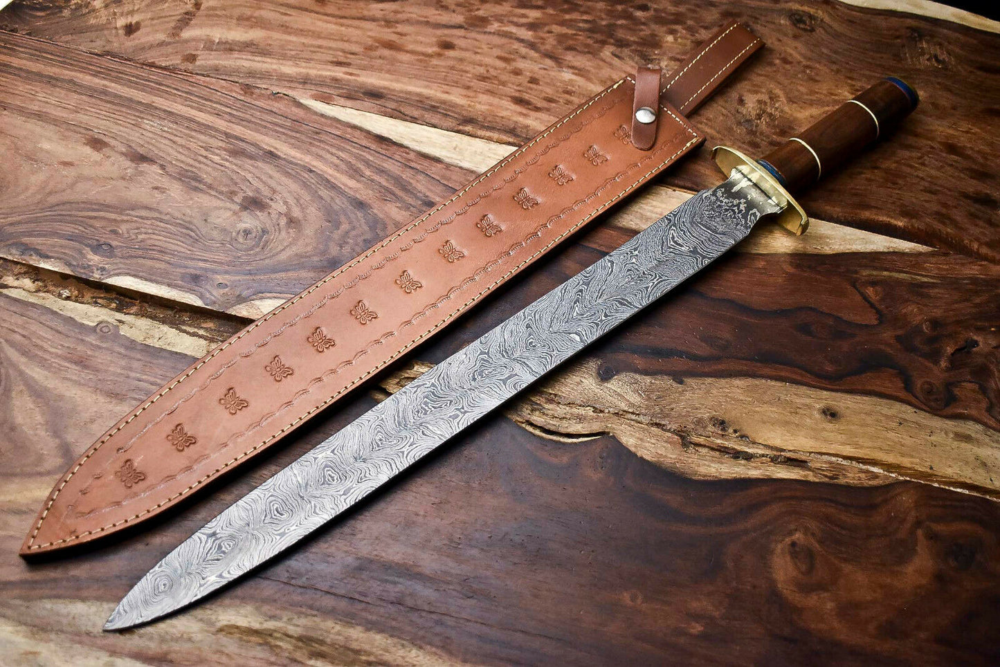 HS-1094 | 26.0" HUGE!!! Custom Hand Made Damascus Steel Blade Sword | WALNUT WOOD