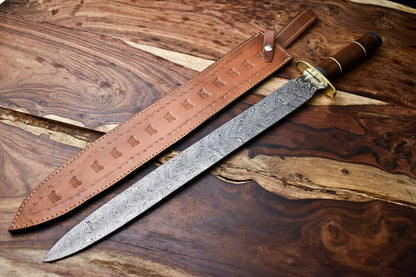 HS-1094 | 26.0" HUGE!!! Custom Hand Made Damascus Steel Blade Sword | WALNUT WOOD