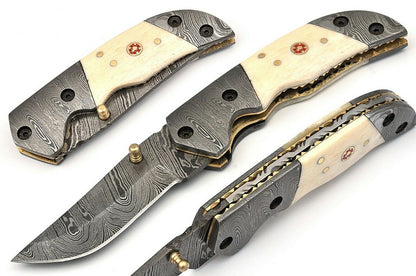 Custom Handmade Damascus Folding-Pocket Knife With Camel Bone Handle